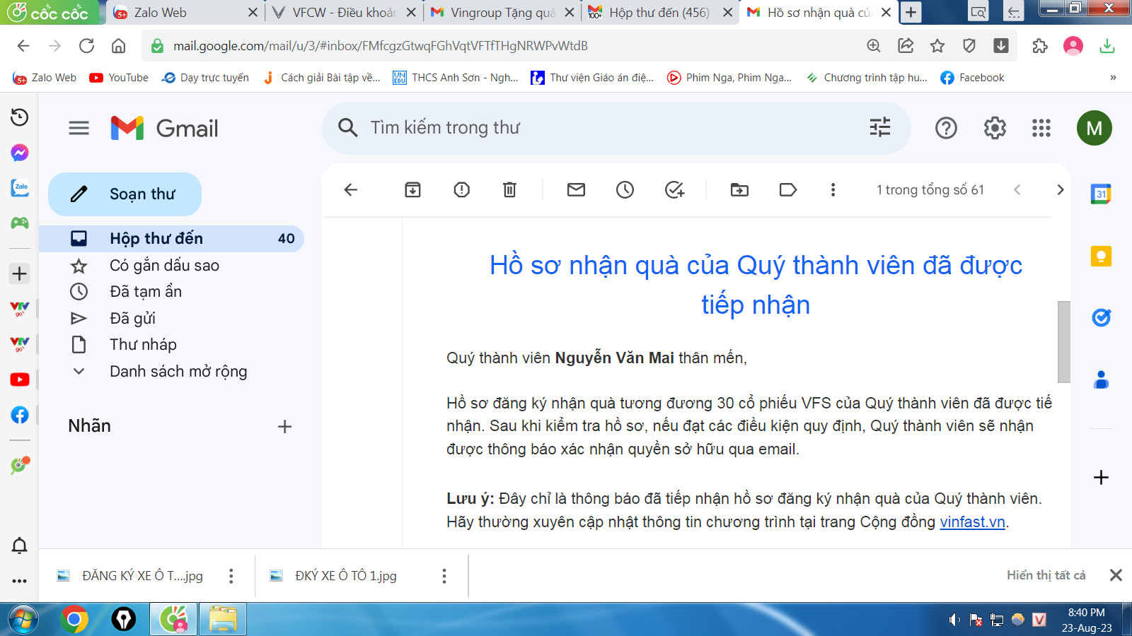 Hồ sơ nhận quà Vinfast