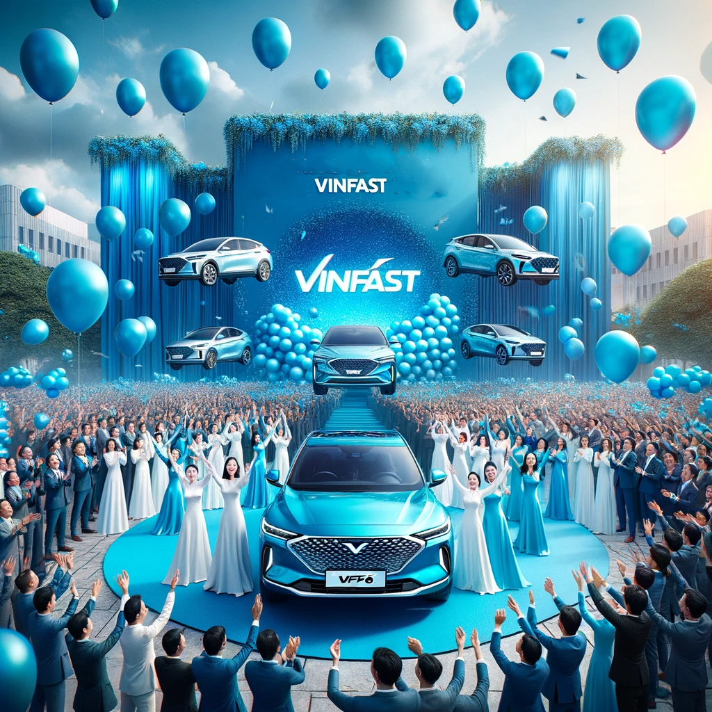 DALL·E 2023-10-11 11.55.17 - Photo of an extravagant outdoor gathering where diverse people are joyfully holding VinFast VF6 car models. Blue balloons float around, and a large ba