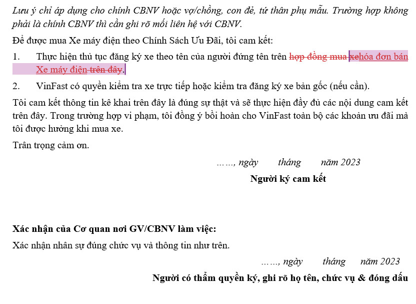 Cam kết mua xe Giáo viên