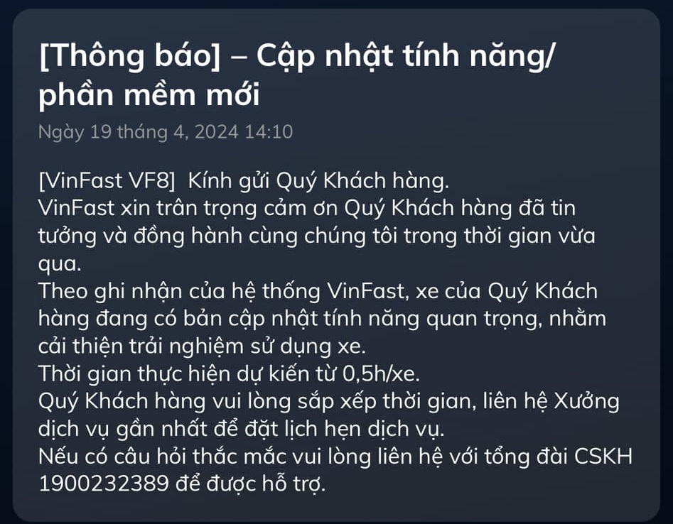 Thông báo update VF8
